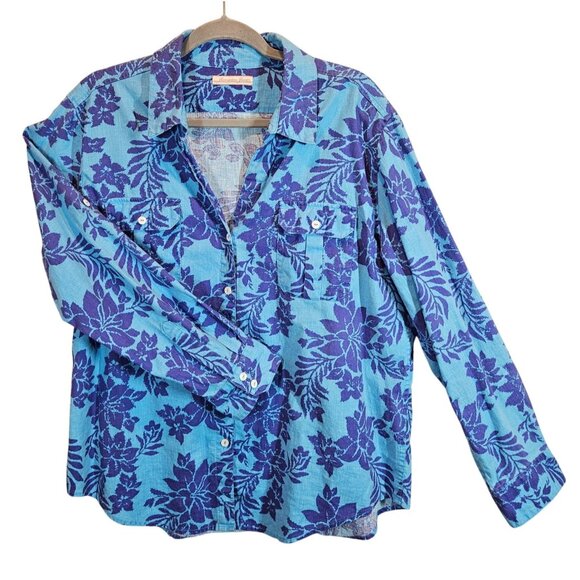 Jamaica Jaxx Linen Blend Tropical Shirt Womens XL Blue Purple Floral Lightweight - Picture 1 of 11